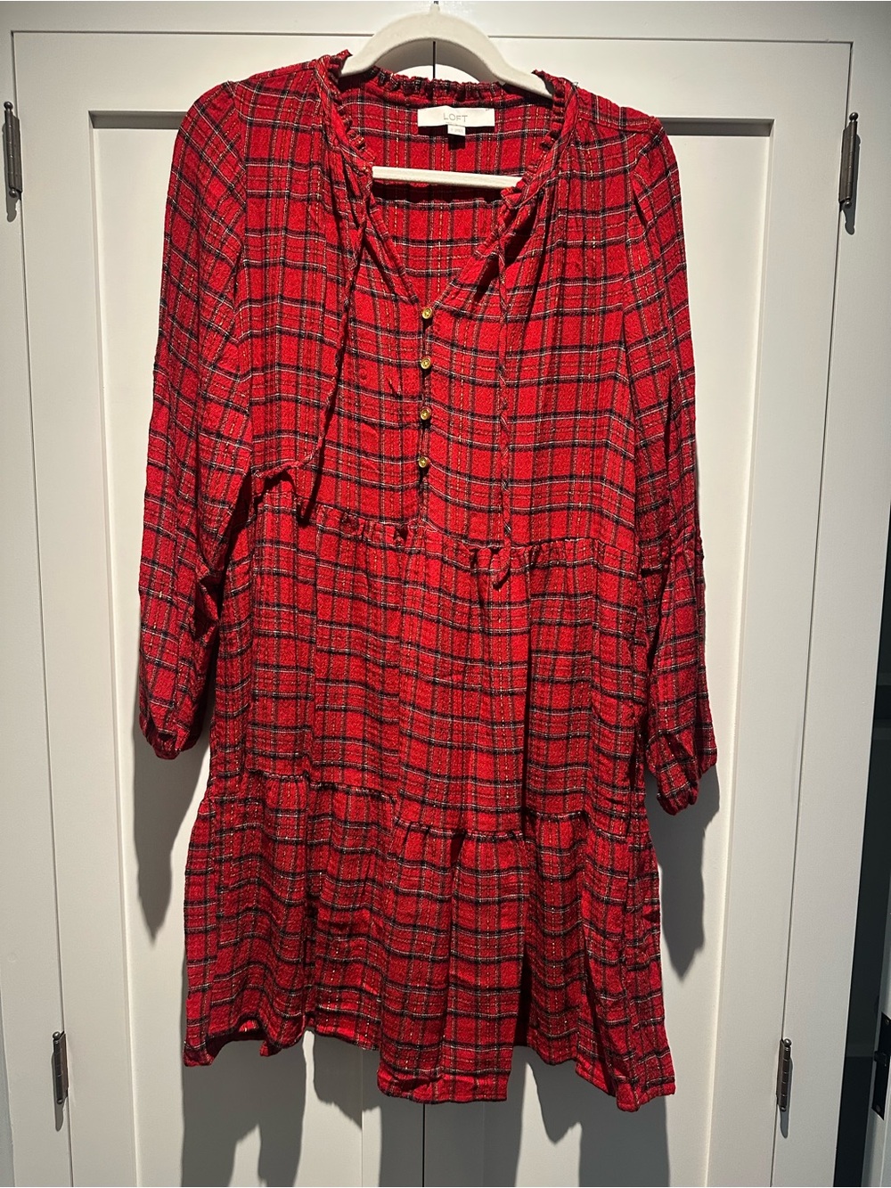 LOFT Red Plaid Tiered Tunic Dress